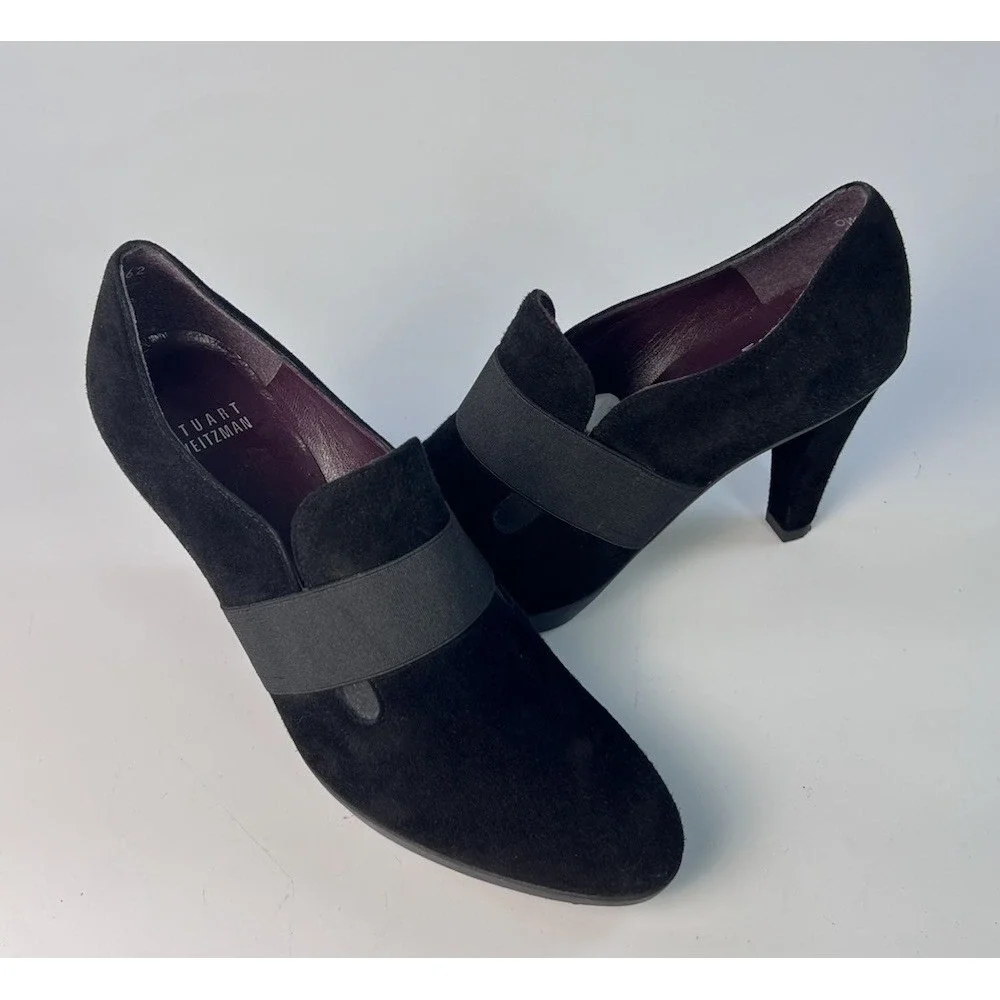 Stuart Weitzman Black Suede Elastic Band Platform Pumps Shooties Heels 6 M Spain